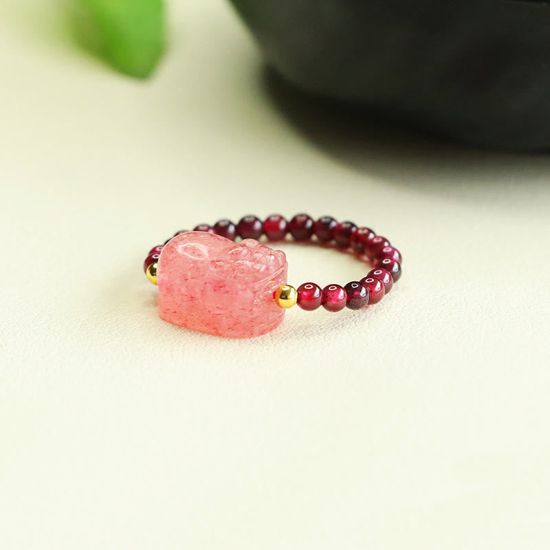 Buddha Stones Garnet Beads Strawberry Quartz Pixiu Protection Ring
