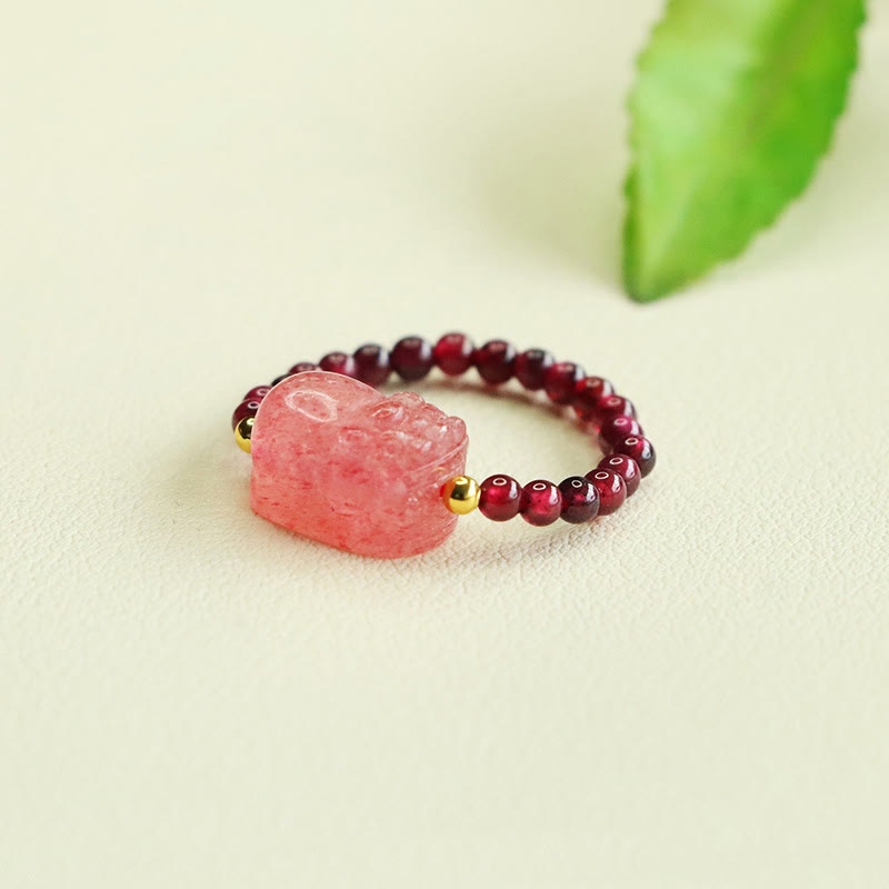 Buddha Stones Garnet Beads Strawberry Quartz Pixiu Protection Ring