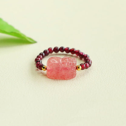 Buddha Stones Garnet Beads Strawberry Quartz Pixiu Protection Ring