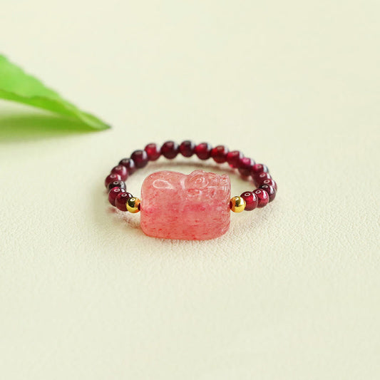 Buddha Stones Garnet Beads Strawberry Quartz Pixiu Protection Ring