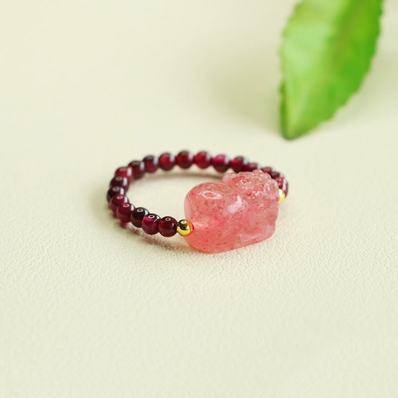 Buddha Stones Garnet Beads Strawberry Quartz Pixiu Protection Ring