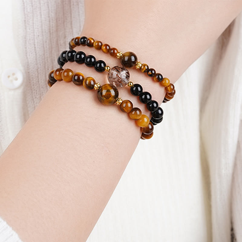 Buddha Stones Tiger Eye Black Obsidian Courage Beads Bracelet