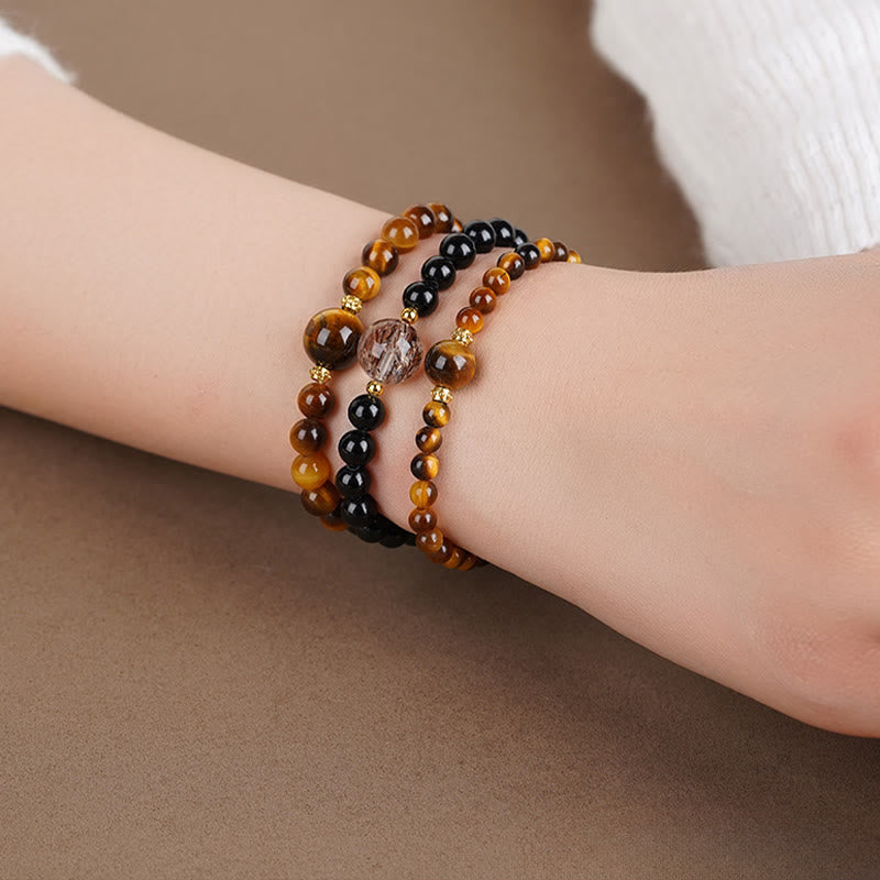 Buddha Stones Tiger Eye Black Obsidian Courage Beads Bracelet