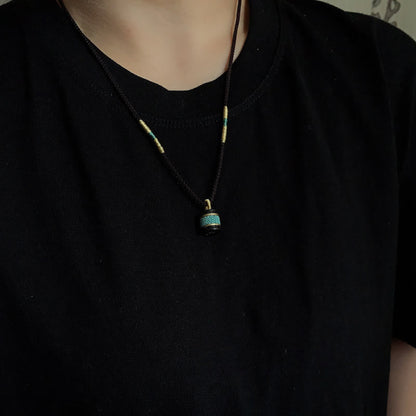 Buddha Stones Ebony Wood Turquoise Cylinder Peace Necklace Pendant