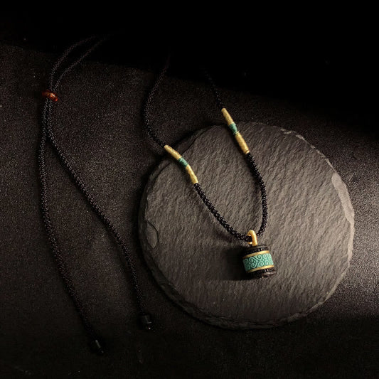 Buddha Stones Ebony Wood Turquoise Cylinder Peace Necklace Pendant