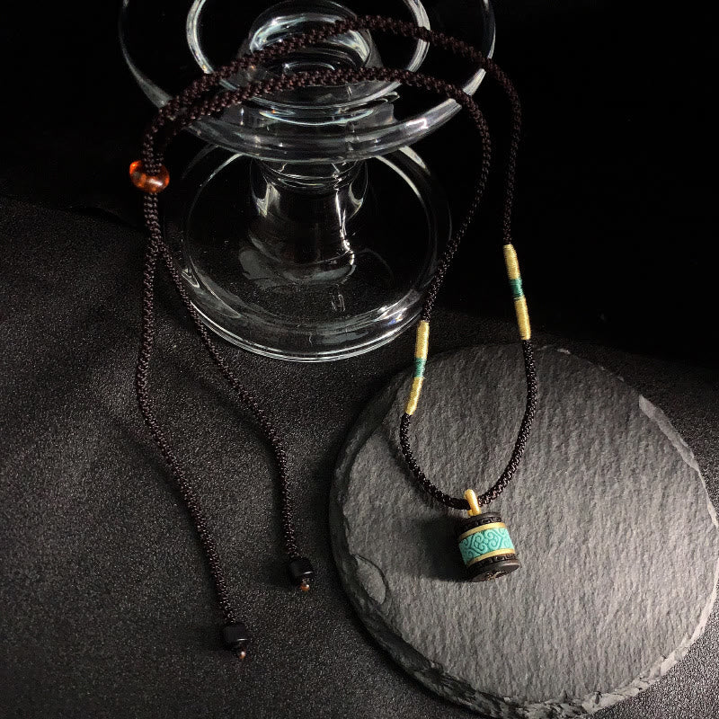 Buddha Stones Ebony Wood Turquoise Cylinder Peace Necklace Pendant