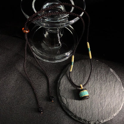 Buddha Stones Ebony Wood Turquoise Cylinder Peace Necklace Pendant