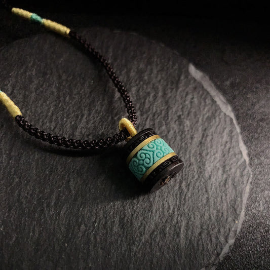 Buddha Stones Ebony Wood Turquoise Cylinder Peace Necklace Pendant