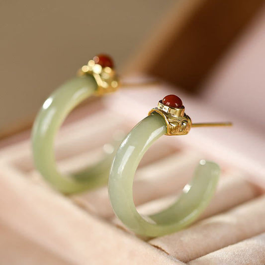 Buddha Stones 925 Sterling Silver Hetian Jade Prosperity Curved Earrings