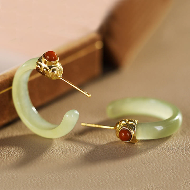 Buddha Stones 925 Sterling Silver Hetian Jade Prosperity Curved Earrings