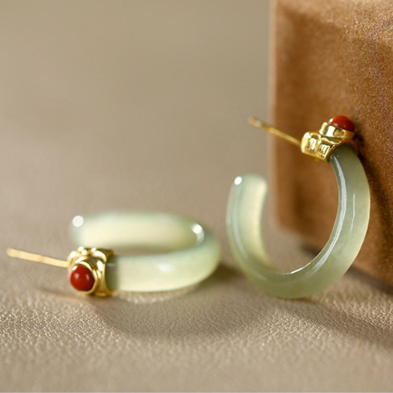 Buddha Stones 925 Sterling Silver Hetian Jade Prosperity Curved Earrings