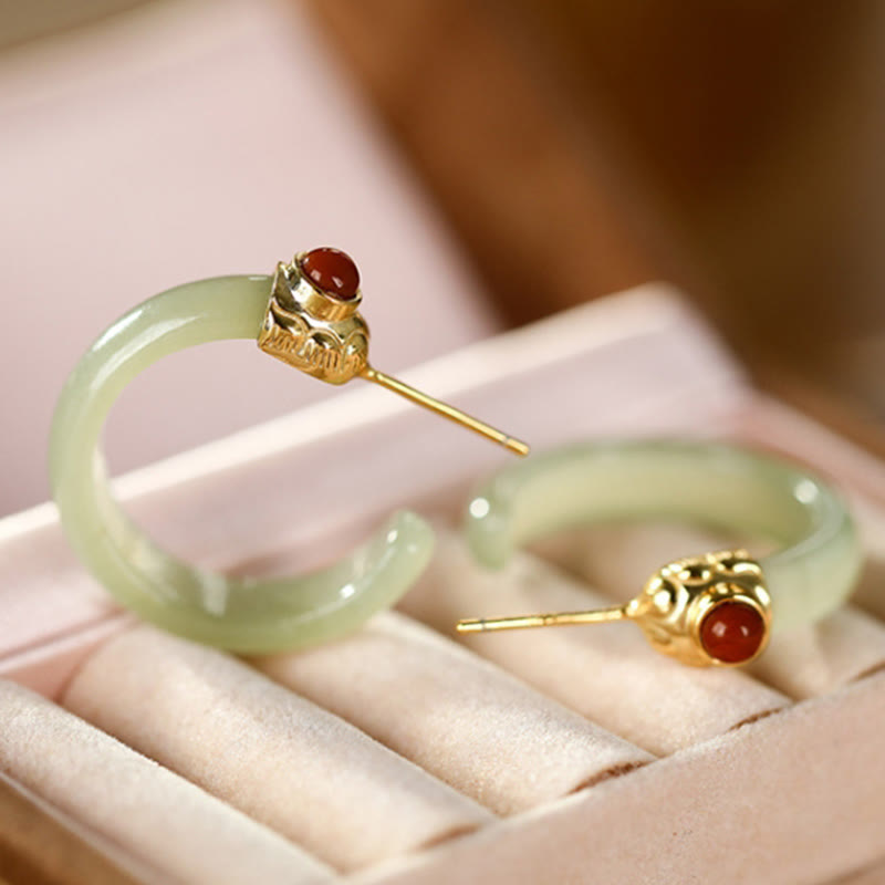 Buddha Stones 925 Sterling Silver Hetian Jade Prosperity Curved Earrings
