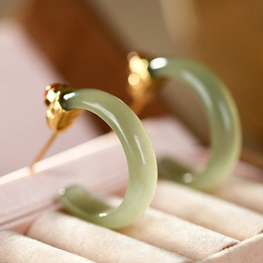 Buddha Stones 925 Sterling Silver Hetian Jade Prosperity Curved Earrings