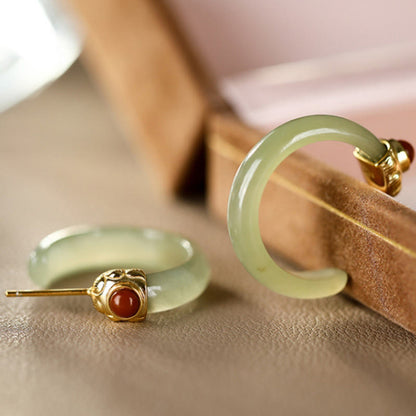 Buddha Stones 925 Sterling Silver Hetian Jade Prosperity Curved Earrings