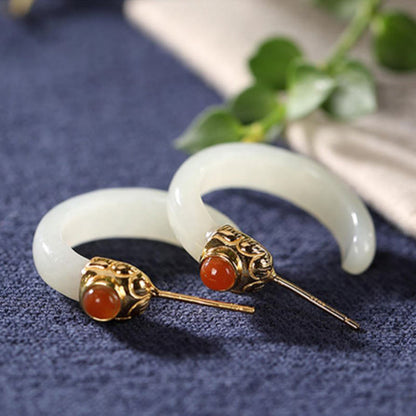 Buddha Stones 925 Sterling Silver Hetian Jade Prosperity Curved Earrings