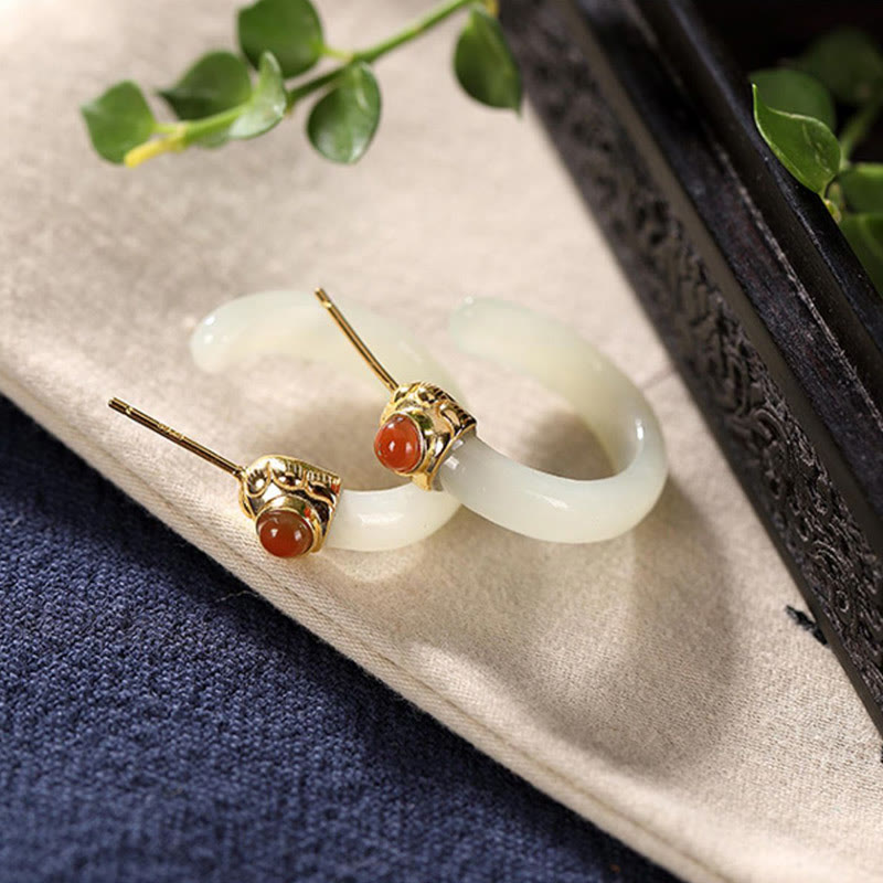 Buddha Stones 925 Sterling Silver Hetian Jade Prosperity Curved Earrings