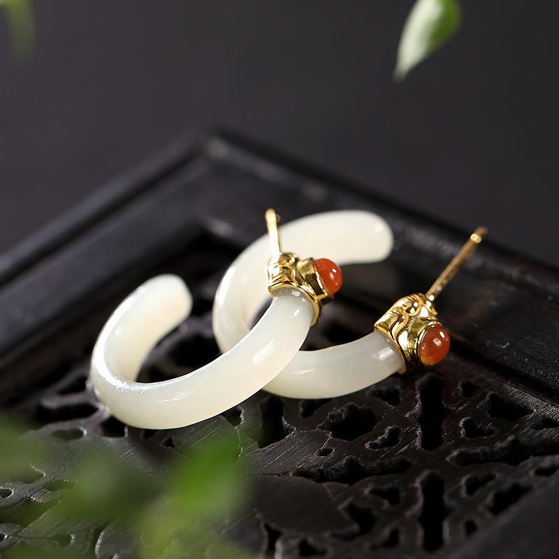 Buddha Stones 925 Sterling Silver Hetian Jade Prosperity Curved Earrings