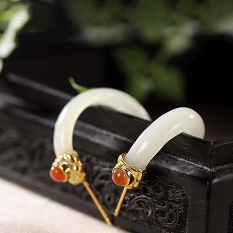 Buddha Stones 925 Sterling Silver Hetian Jade Prosperity Curved Earrings