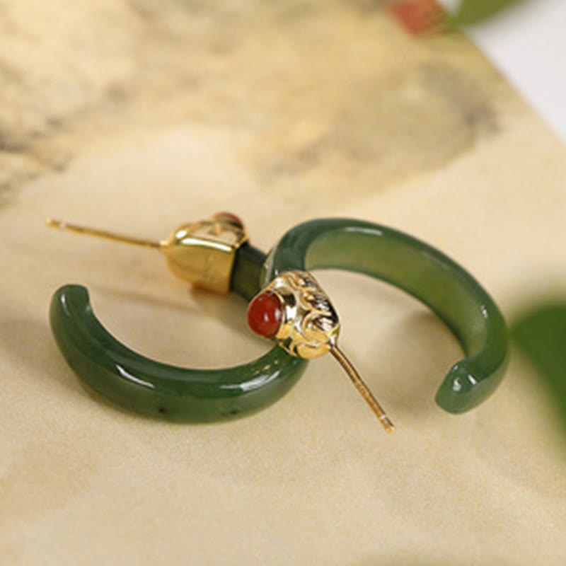 Buddha Stones 925 Sterling Silver Hetian Jade Prosperity Curved Earrings