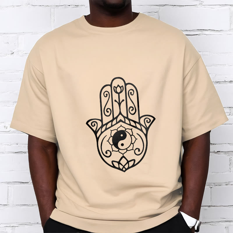 Buddha Stones Hamsa Hand Yin Yang Pattern Tee Cotton T-shirt