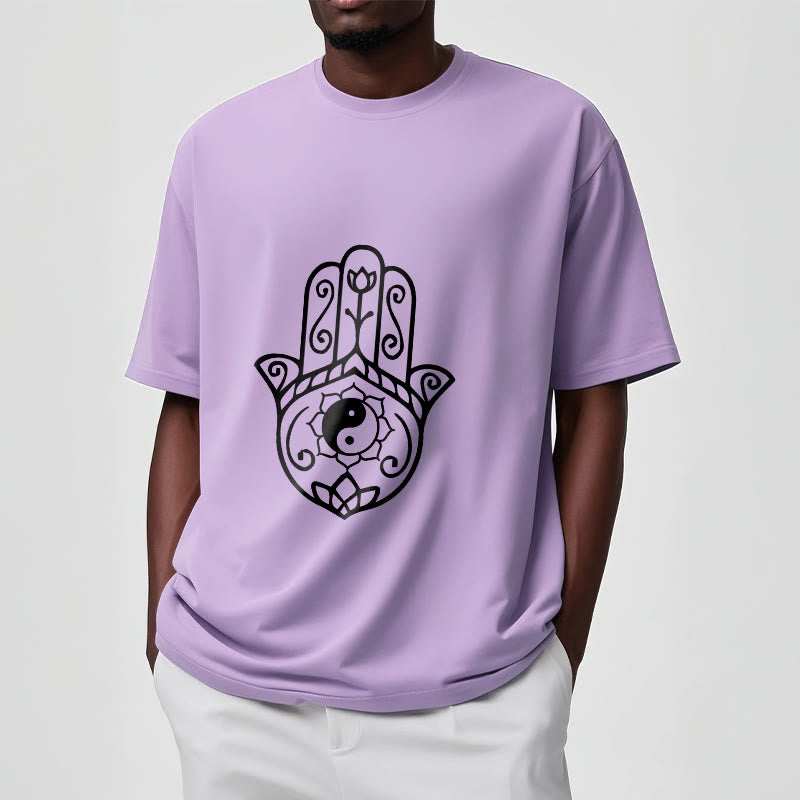 Buddha Stones Hamsa Hand Yin Yang Pattern Tee Cotton T-shirt