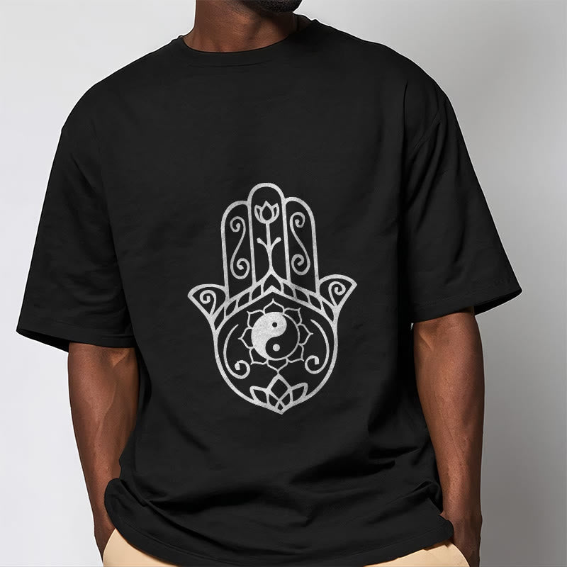 Buddha Stones Hamsa Hand Yin Yang Pattern Tee Cotton T-shirt