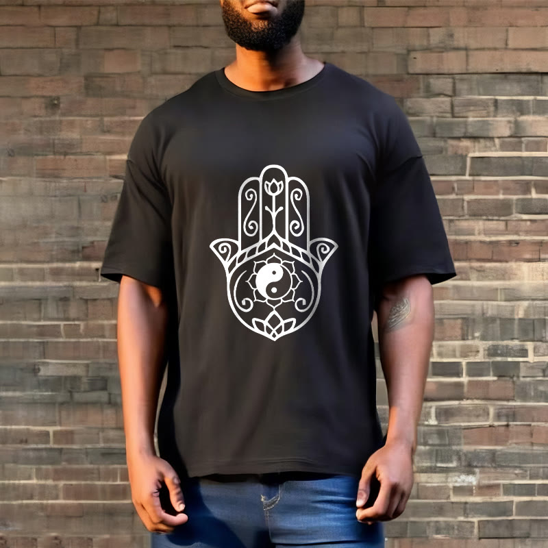 Buddha Stones Hamsa Hand Yin Yang Pattern Tee Cotton T-shirt
