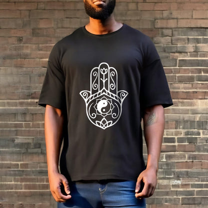 Buddha Stones Hamsa Hand Yin Yang Pattern Tee Cotton T-shirt