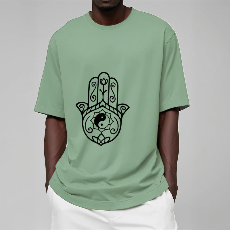 Buddha Stones Hamsa Hand Yin Yang Pattern Tee Cotton T-shirt
