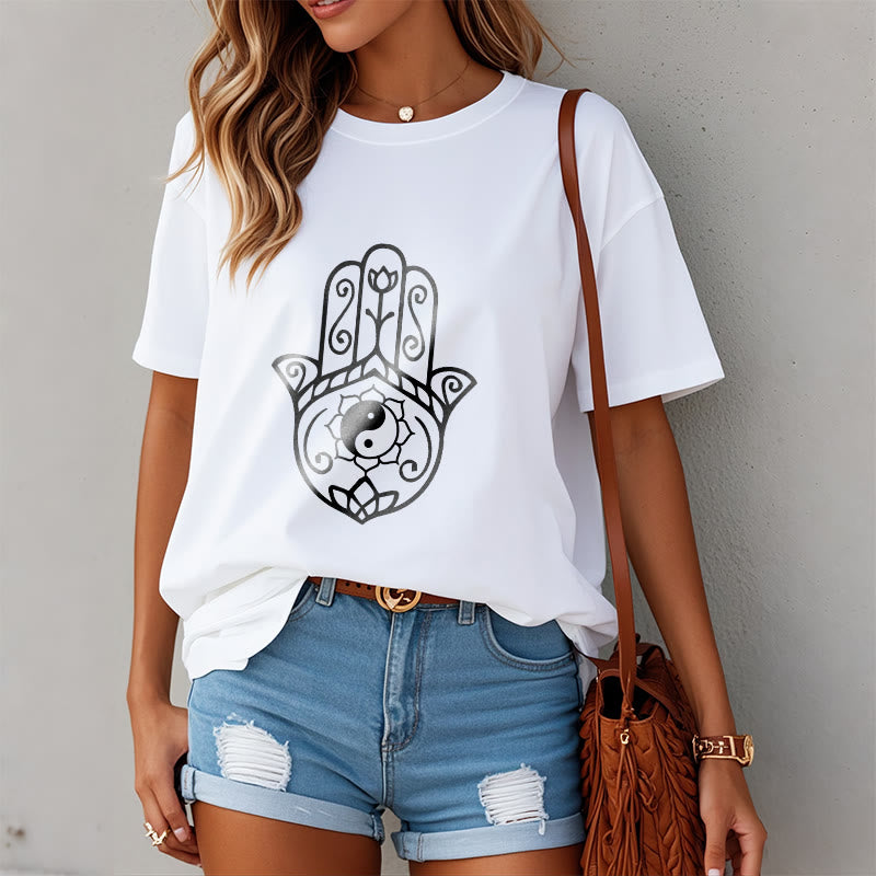 Buddha Stones Hamsa Hand Yin Yang Pattern Tee Cotton T-shirt