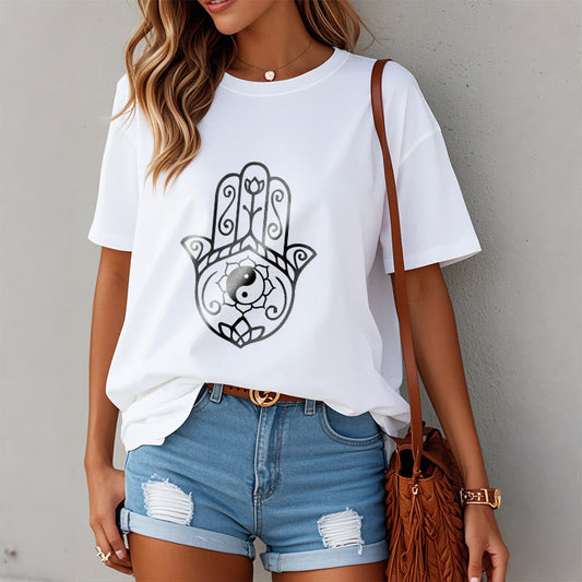 Buddha Stones Hamsa Hand Yin Yang Pattern Tee Cotton T-shirt