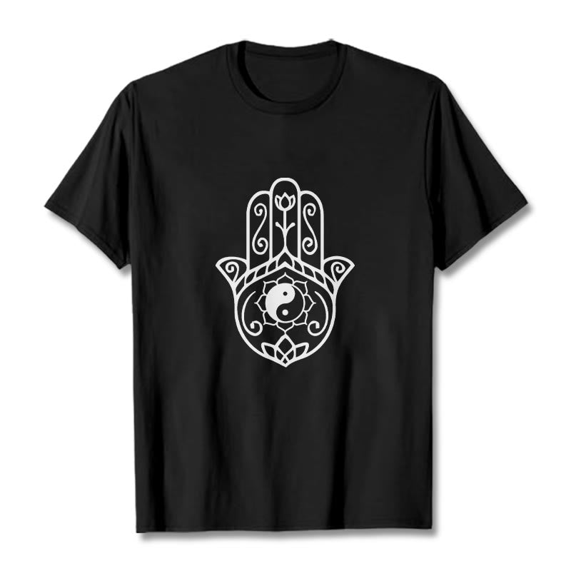 Buddha Stones Hamsa Hand Yin Yang Pattern Tee Cotton T-shirt