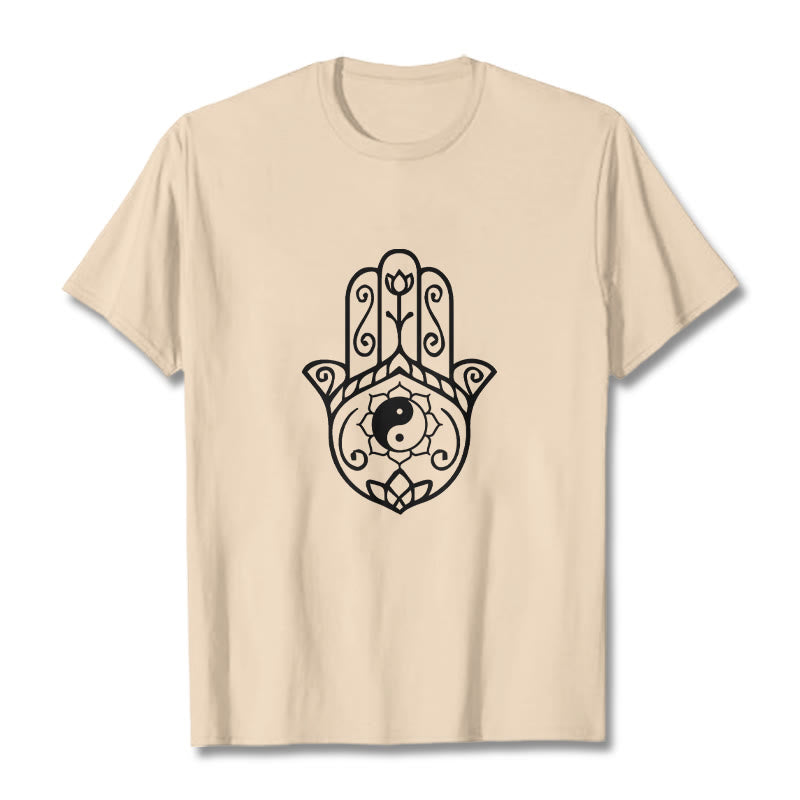 Buddha Stones Hamsa Hand Yin Yang Pattern Tee Cotton T-shirt