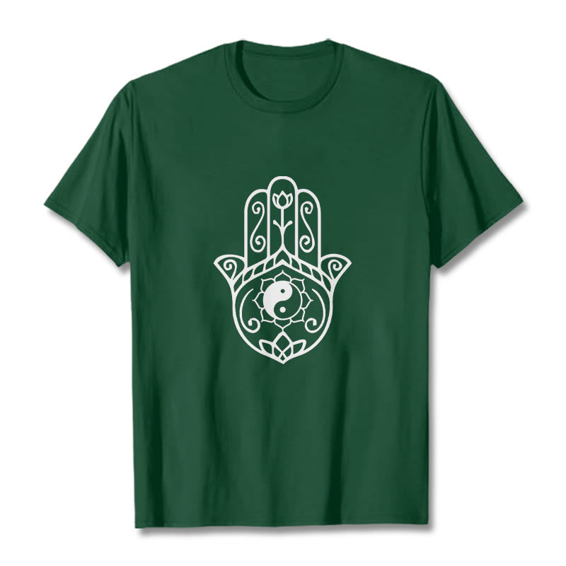 Buddha Stones Hamsa Hand Yin Yang Pattern Tee Cotton T-shirt