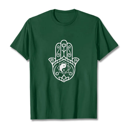 Buddha Stones Hamsa Hand Yin Yang Pattern Tee Cotton T-shirt
