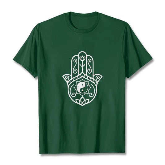 Buddha Stones Hamsa Hand Yin Yang Pattern Tee Cotton T-shirt