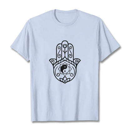 Buddha Stones Hamsa Hand Yin Yang Pattern Tee Cotton T-shirt