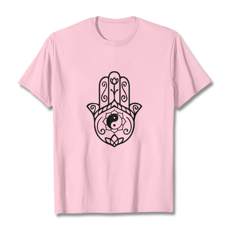 Buddha Stones Hamsa Hand Yin Yang Pattern Tee Cotton T-shirt