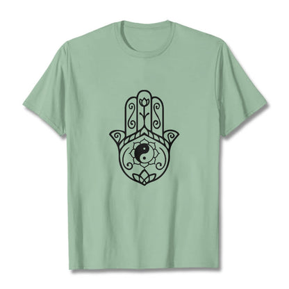 Buddha Stones Hamsa Hand Yin Yang Pattern Tee Cotton T-shirt