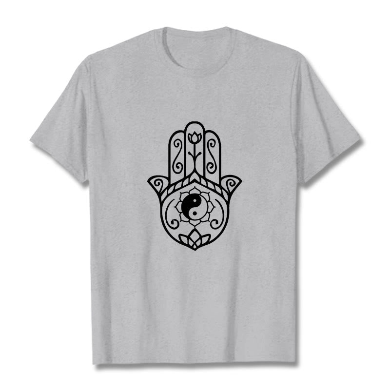 Buddha Stones Hamsa Hand Yin Yang Pattern Tee Cotton T-shirt