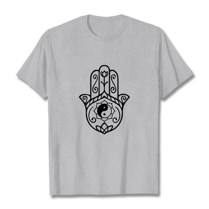 Buddha Stones Hamsa Hand Yin Yang Pattern Tee Cotton T-shirt