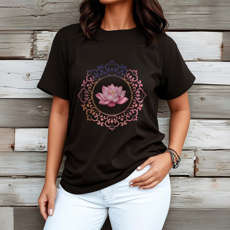 Buddha Stones Mandala Pink Lotus Pattern Tee Cotton T-shirt