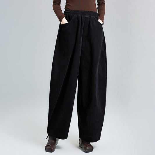 Buddha Stones Women's Fall Plain Ankle-Length Simple Design Corduroy Cotton Pants With Pockets
