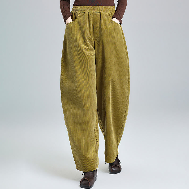 Buddha Stones Women's Fall Plain Ankle-Length Simple Design Corduroy Cotton Pants With Pockets