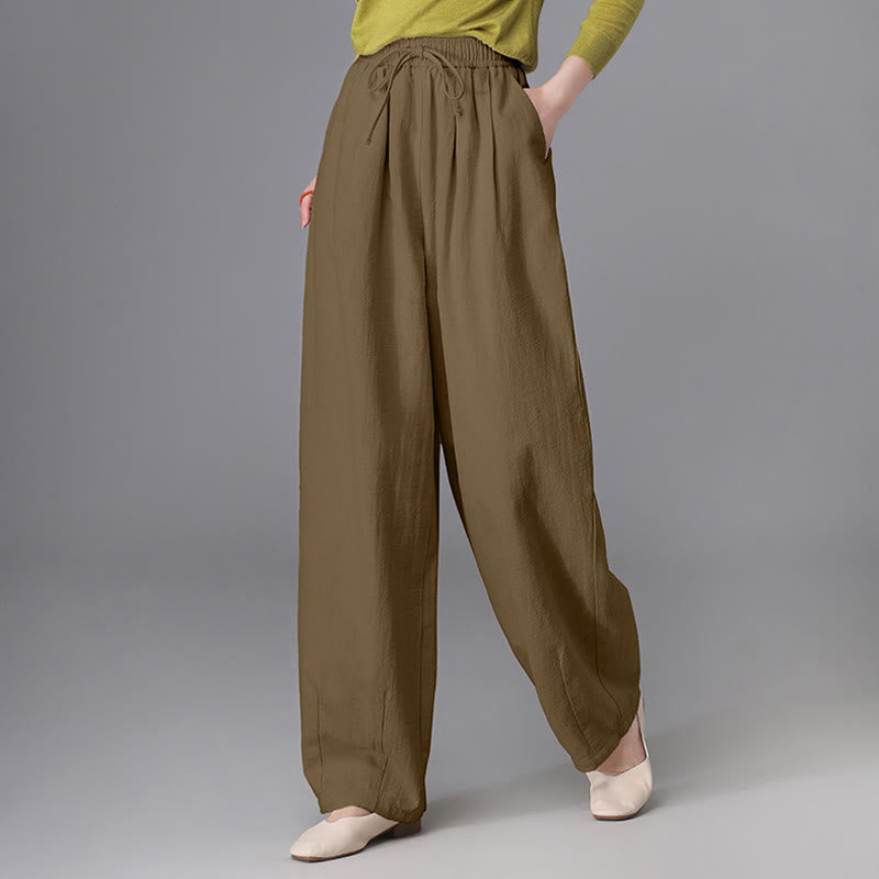 Buddha Stones Women's Casual Vintage Plain Drawstring Carrot Design Cotton Linen Pants With Pockets