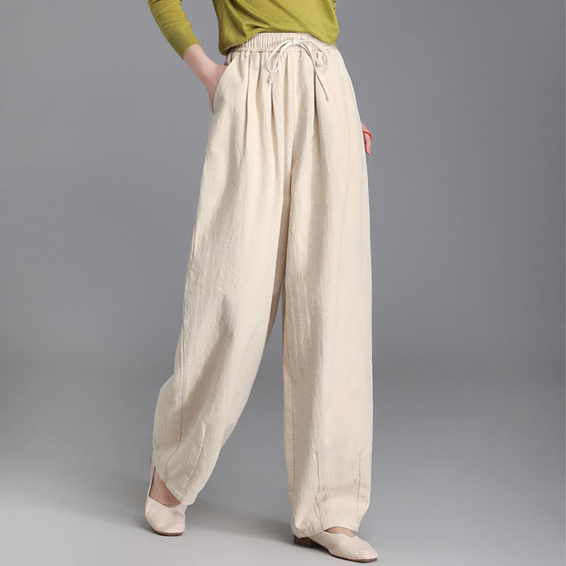 Buddha Stones Women's Casual Vintage Plain Drawstring Carrot Design Cotton Linen Pants With Pockets