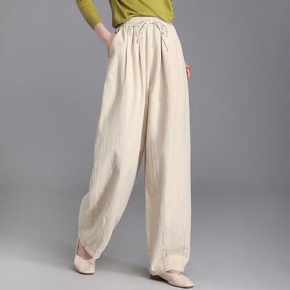 Buddha Stones Women's Casual Vintage Plain Drawstring Carrot Design Cotton Linen Pants With Pockets