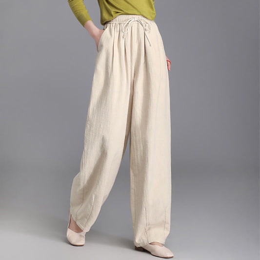 Buddha Stones Women's Casual Vintage Plain Drawstring Carrot Design Cotton Linen Pants With Pockets