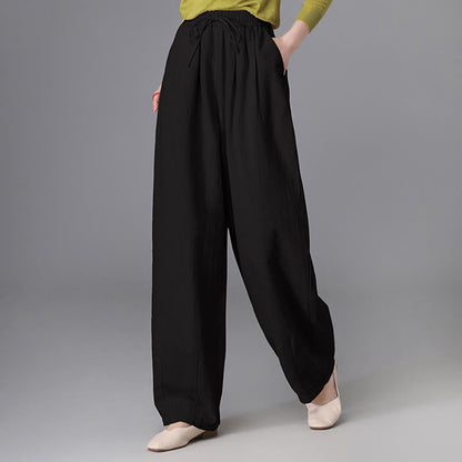 Buddha Stones Women's Casual Vintage Plain Drawstring Carrot Design Cotton Linen Pants With Pockets