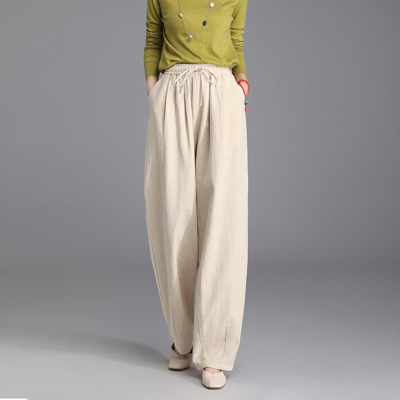Buddha Stones Women's Casual Vintage Plain Drawstring Carrot Design Cotton Linen Pants With Pockets